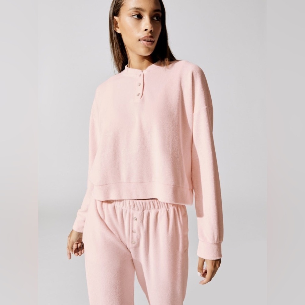 DONNI. Pink Terry Cloth Henley Sweatshirt Relaxed Fit Long Sleeve‎ Size Large